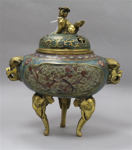 A Chinese gilt bronze and cloisonne enamel tripod censer